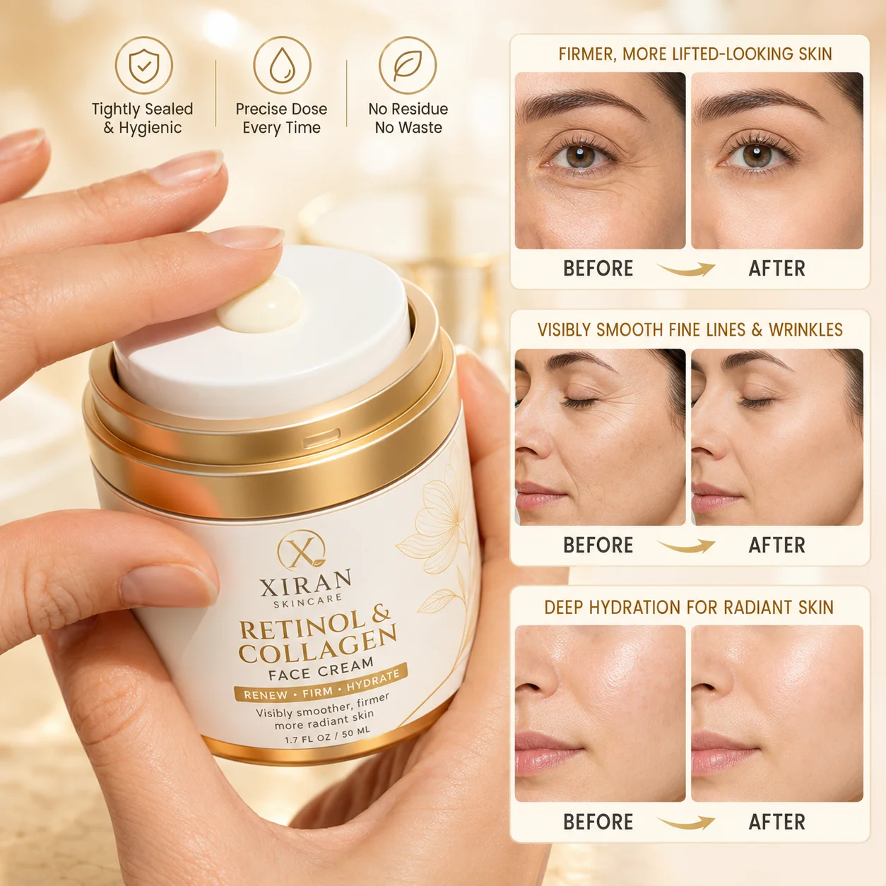 Retinol and collagen face cream container with results comparison showcasing firmer skin, smoother fine lines, and deep hydration.